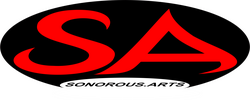 Sonorous Arts logo featuring stylized red letters 'SA' inside a black circle, with 'SONOROUS.ARTS' text below.